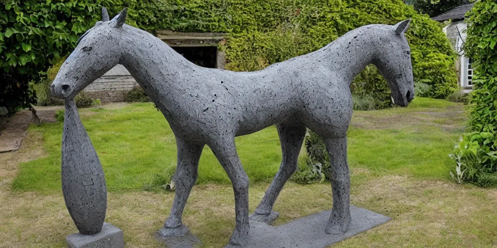 Prompt: art magazine photo, folk art garden sculptures in an english cottage garden, concrete sculpture of a horse, sculpture by wouterina de raad!!!, art by james tellen, highly detailed, realistic anatomical proportions, textured hand built concrete sculpture, amazing concrete sculpture, 4 k