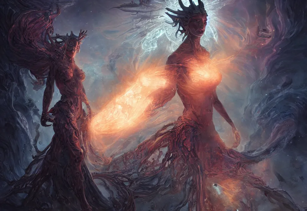 Image similar to an ancient alien female momument staring into space at a supernova, queen of blades, diablo 4 lilith, by dorian cleavenger, by greg rutkowski, by wlop, by astri lohne, by zdzisław beksinsk