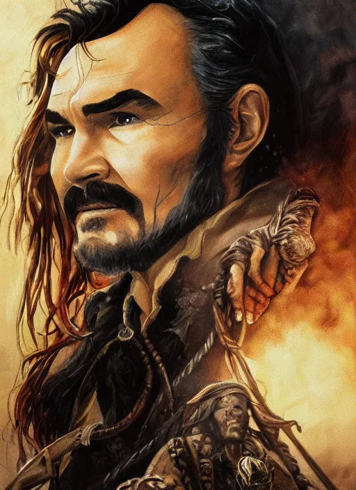 Image similar to a beautiful painting portrait movie poster of burt reynolds in Pirates of the Carribean 6, matte painting, fantasy art, dark but detailed digital art, highly detailed, a masterpiece trending on artstation. Burt Reynolds as a young but messy pirate and layabout in this HD preview poster