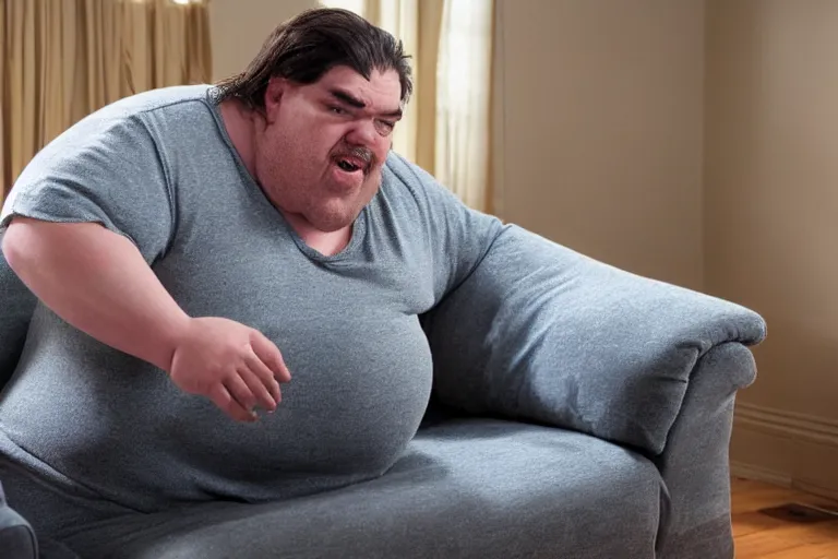 Prompt: 6 0 0 pound dwarf fusing to his couch