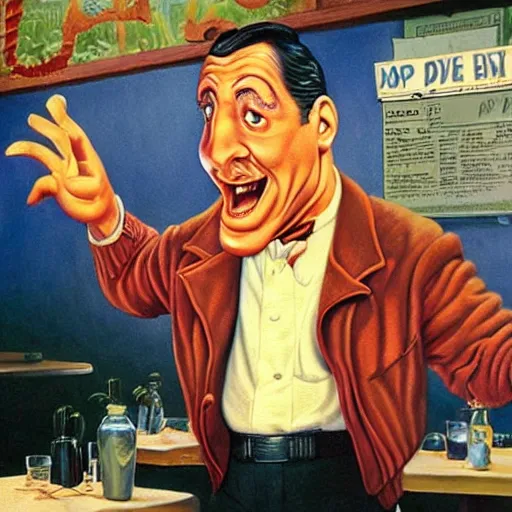 Prompt: beautiful lifelike painting of gene kelly demanding a refund on overcooked dinosaur steak in downtown dive bar bistro, hyperreal detailed facial features and uv lighting, art by ed roth and basil wolverton