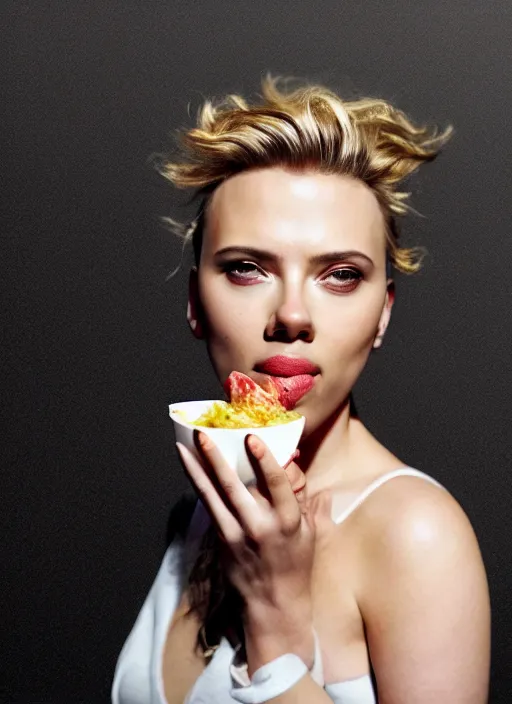 Prompt: scarlett johansson looking at the camera while about to eat yogurt, sadly the container exploded and the yogurt is all over her face. real photo, photoshooting, studio light, black background, intricate, epic lighting, cinematic composition, hyper realistic, 8k resolution, unreal engine 5