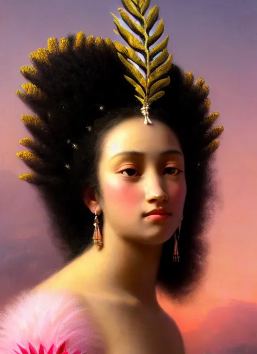 Image similar to stunning tahitian godess princess, detailed pink and white protea head peace against a black backdrop by ivan aivazovsky, 3 / 4 view portrait, wlop, super sharp details, photorealism, canon 5 d, 5 0 mm lens, stunning photoshot, beautiful soft lighting, muted colours, artstation