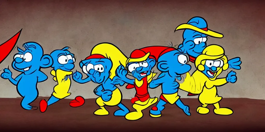 Image similar to the smurfs as superheroes, animation, cell animation, in the style of hanna barbera