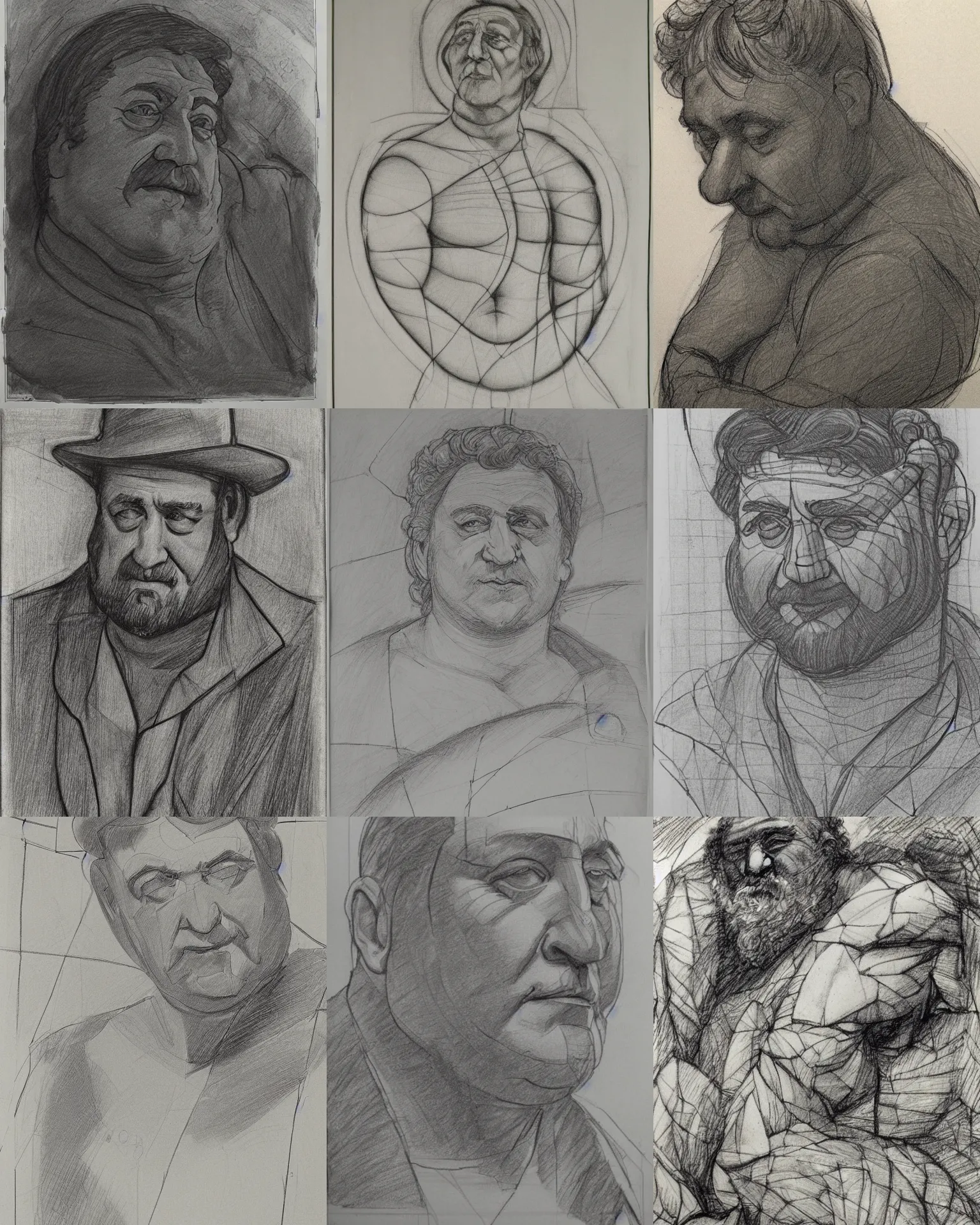 Prompt: linework construction lines preliminary vine charcoal underdrawing of john goodman, by andrew loomies, burne hogarth, michelangelo, leonardo da vinci