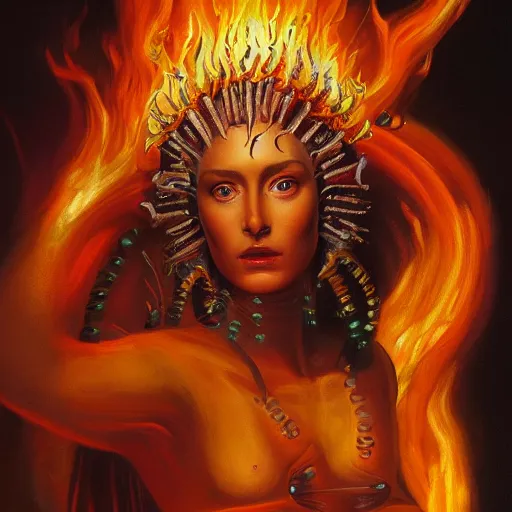 Image similar to A beautiful painting of a female divine being with flames as her body by Jim Burns, 8K, ultra-detailed , Trending on artstation.