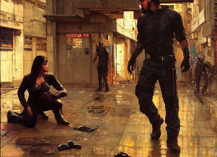 Prompt: Maria evades sgt griggs. Cyberpunk hacker escaping Cyberpunk policeman. (police state, Cyberpunk 2077, blade runner 2049). Cyberpunk Iranian orientalist portrait by john william waterhouse and Edwin Longsden Long and Theodore Ralli and Nasreddine Dinet, oil on canvas. Cinematic, Dramatic lighting.