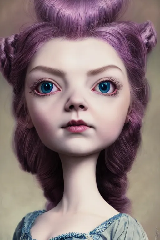 Image similar to natalie dormer as a cute porcelain doll with long purple hair, mark ryden style, vivid colors, high details, cinematic, 8 k resolution, beautiful detailed, photorealistic, digital painting, dark atmosphere, artstation, concept art, smooth, sharp focus, illustration, fantasy background, artstation trending, octane render, unreal engine