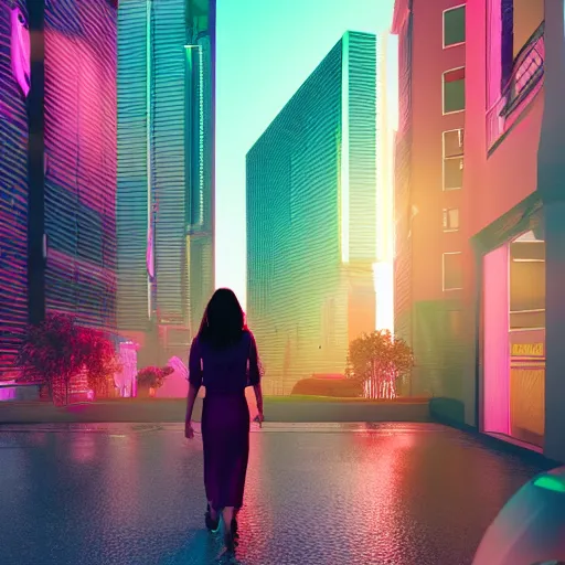 Image similar to a woman walking through a synthwave city, intricate artwork by tooth wu and wlop and beeple, octane render, hyper realism, 8 k