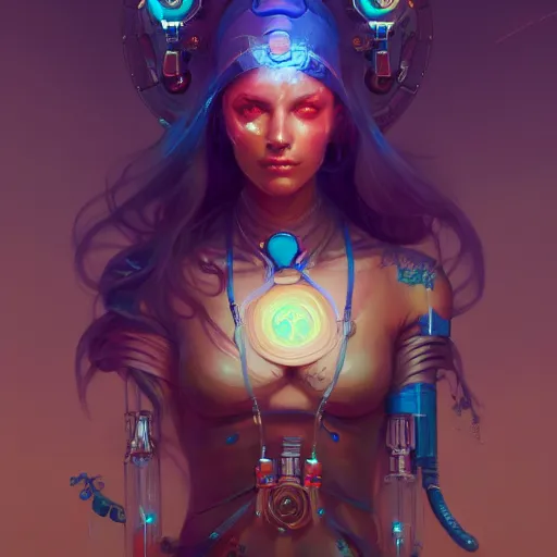 Prompt: a portrait of a beautiful cybernetic gypsie, cyberpunk concept art by pete mohrbacher and wlop and artgerm and josan gonzales, digital art, highly detailed, intricate, sci-fi, sharp focus, Trending on Artstation HQ, deviantart, unreal engine 5, 4K UHD image