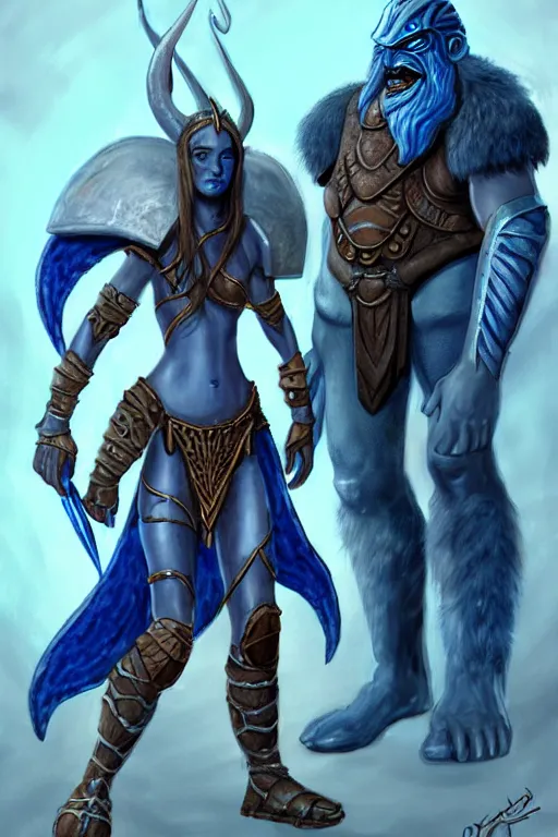 Image similar to a small blue-skinned triton girl wearing scale armor riding on a the shoulders of a large male goliath wearing fur and leather armor, dnd concept art, painting by Daniel R Horne