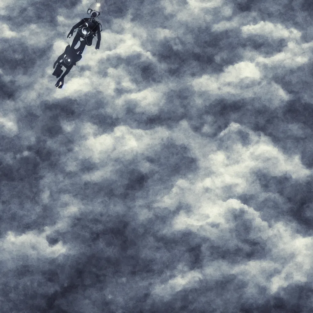 Image similar to a single scubadiver floating above the clouds, closeup, digital drawing