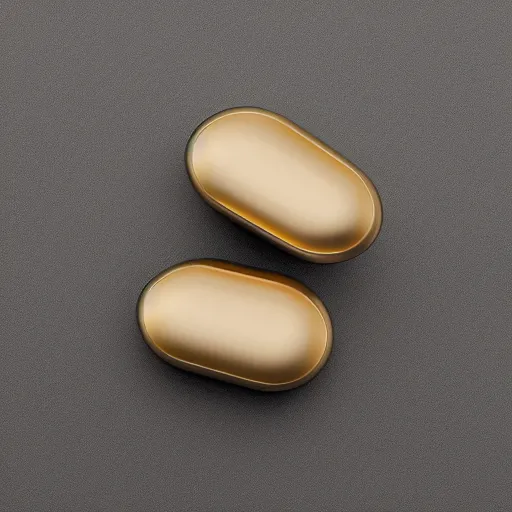 Prompt: beige teardrop-shaped truly wireless earbuds with gold accents, studio, product photo