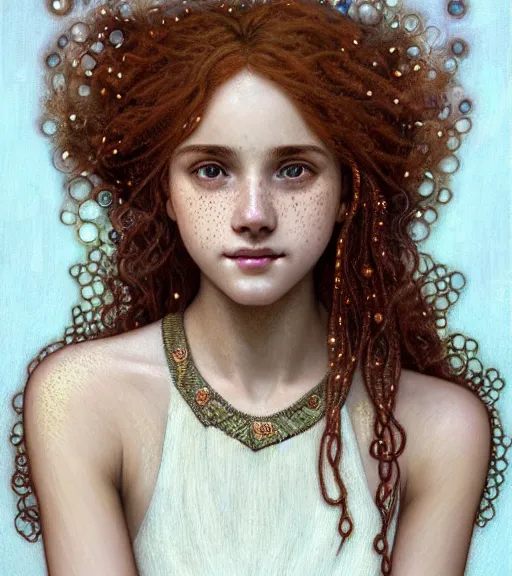 Prompt: portrait of teenage aphrodite, light freckles, curly copper colored hair, smiling kindly, wearing an embroidered white linen dress with lace neckline, intricate, elegant, mother of pearl jewelry, glowing lights, highly detailed, digital painting, artstation, concept art, smooth, sharp focus, illustration, art by wlop, mucha, artgerm, and greg rutkowski