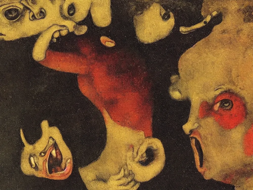 Image similar to Close up of a small devil taking the soul from the chest of a dead man. Painting by Lucas Cranach, Odilon Redon