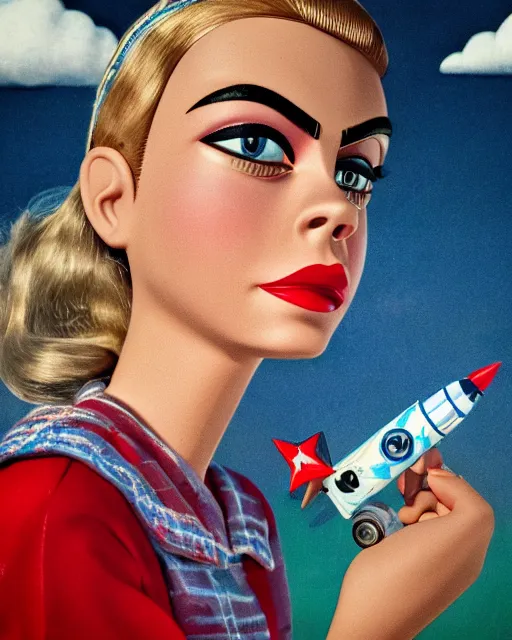 Prompt: closeup face profile portrait of a tin toy retro 1 9 5 0 s cara delevingne at a rocket launch, bikini, depth of field, zeiss lens, fashion photoshoot by nicoletta ceccoli, mark ryden, lostfish, breathtaking, detailed and intricate environment, 8 k resolution, extremely detailed, beautiful, establishing shot, artistic, hyperrealistic, octane render