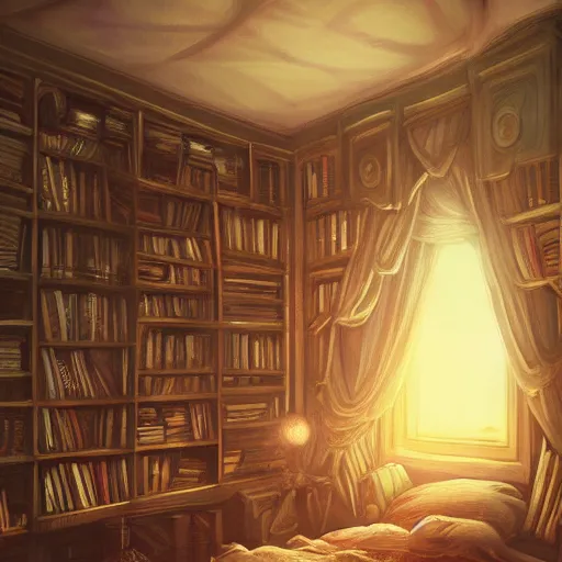 Image similar to fantasy bedroom, bookshelves, cozy, warm glow, digital art, trending on artstation, ornate