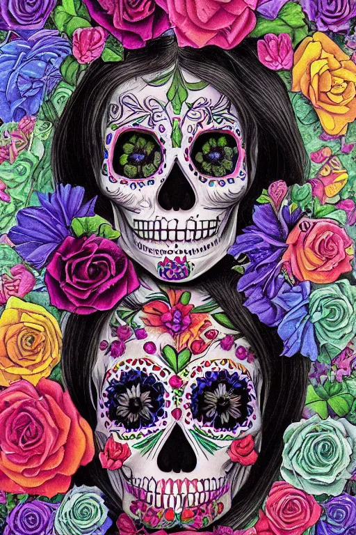 Prompt: Illustration of a sugar skull day of the dead girl, art by Gilbert Williams