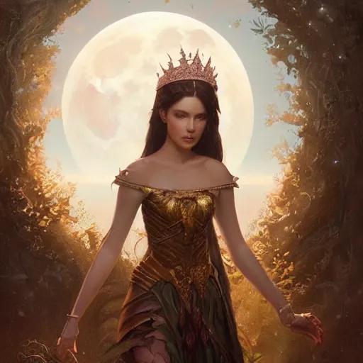 Image similar to a beautiful digital painting of a princess, princess, the moon behind her, intricate, cinematic lighting, highly detailed, digital painting, concept art, smooth, sharp focus, illustration, art by tom bagshaw, artgerm and greg rutkowski 1 0 k