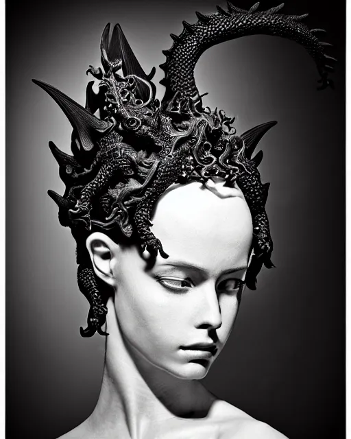 Image similar to dark background, a black and white high quality dreamy photo of a young beautiful female queen-dragon-vegetal-orchid-mineral-cyborg bust with a very long neck and delicate Mandelbrot fractal face, elegant, highly detailed, flesh highly baroque ornate, hair are curled wired cables, elegant, poetic, soft, dreamy, mysterious, high fashion, rim light, in the style of Ellen von Unwerth, Realistic, Refined, Digital Art, Highly Detailed, Cinematic Lighting, rim light, black and white, photo-realistic, 8K