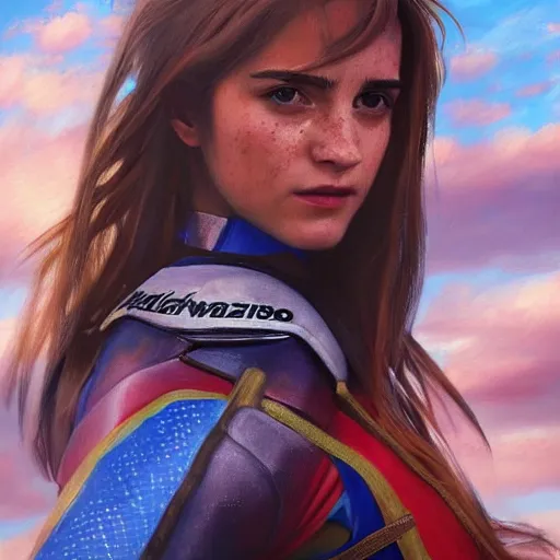 Image similar to a realistic painting by Raffaello Sanzi depicting the Kamen Rider Ichigo fused with Emma Watson in the Renaissance,smooth,Sharp focus,high detailed,high resolution,fine art, trending on Artstation.