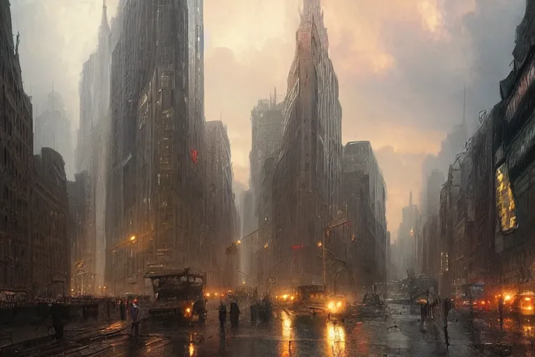 Prompt: A medieval reimaging of New York City after a post-apocalyptic event regresses society into a primitive middle age. Golden hour with a dark stormy sky and rainbow. Very beautiful matte painting by Greg Rutkowski