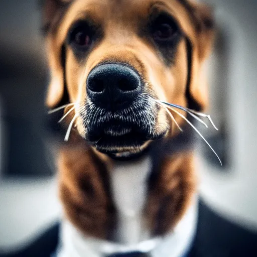 Image similar to a high detail closeup photograph of a dog wearing a suit 👔,and smoking a cigarrette🚬, award wining photograph