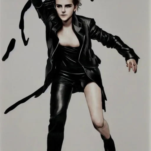 Image similar to Emma Watson in a black leather suit by Yoji Shinkawa