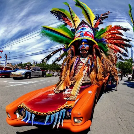 Prompt: wide angle panoramic photo of an indigenous cholo shaman dressed with a quetzalcoatl feathered serpent driving a convertible lowrider car in brooklyn in 2 0 5 0