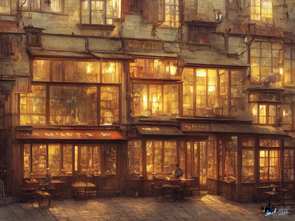 Image similar to a beautifully and highly detailed painting of a tea shop, by marc simonetti, david friedrich and franz sedlacek,