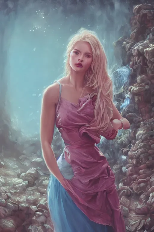 Prompt: an insanely detailed close up portrait of a beautiful blonde haired woman, blue dress, holding nikon camera, background is a fountain in the park, in the style of peter mohrbacher, artgerm, dramatic lighting and composition, pink fog background, octane render, trending on artstation, concept art 8 k