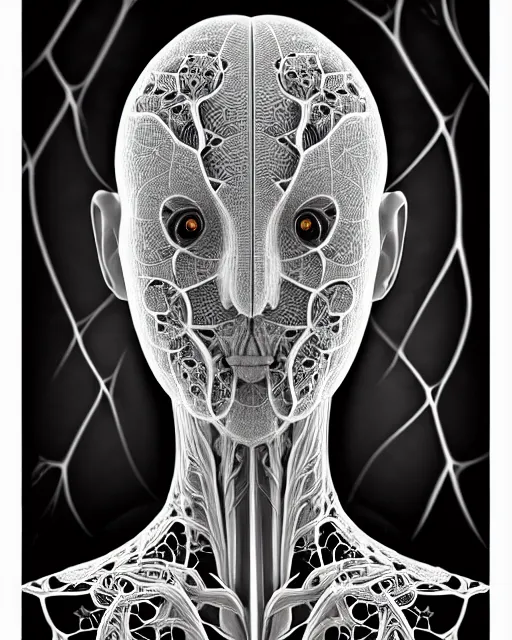 Image similar to a contrasted black and white 3D render of a beautiful female vegetal-dragon-cyborg, 150 mm, orchid stems, ivy, fine lace, Mandelbrot fractal, anatomical, flesh, facial muscles, microchip, veins, arteries, full frame, microscopic, elegant, highly detailed, flesh ornate, elegant, high fashion, rim light, octane render, 8K