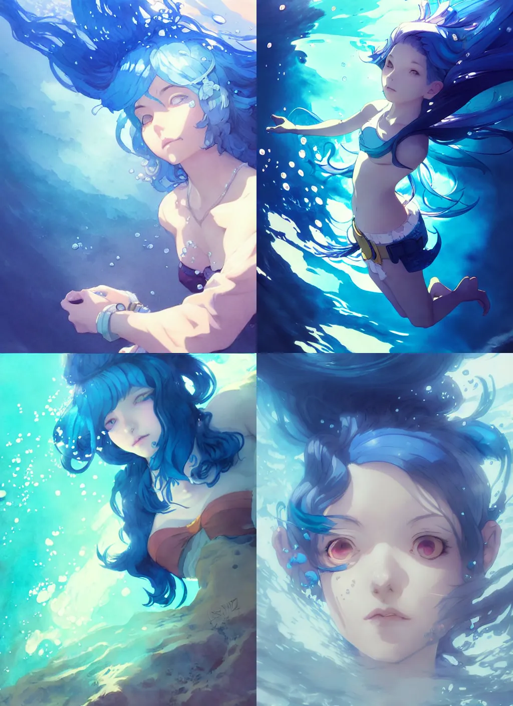 Prompt: portrait of a girl with blue hair diving under the sea, illustration, top lighting, perfect shadow, leaning towards watercolor, art by hidari and krenz cushart and wenjun lin