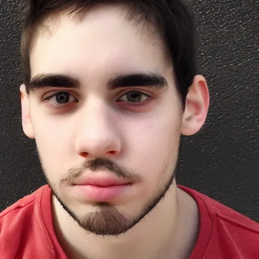 Image similar to The face of a white, black-haired teenager with a half beard on only one side of his face, looking at the camera, under white and yelllow balls, profile picture.