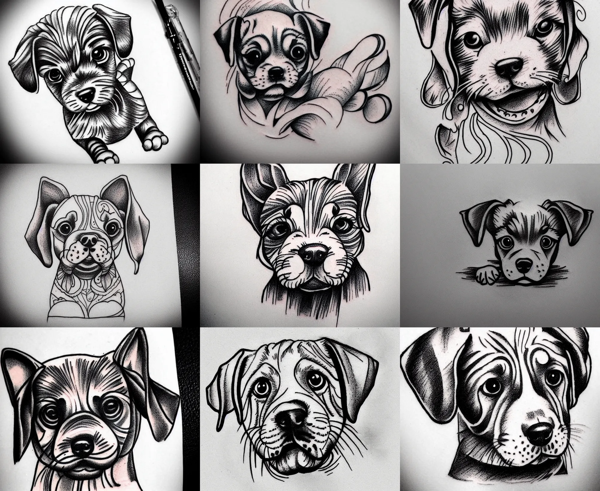 Image similar to Tattoo Design line sketch adorable Puppy, bold strong lines very highly aesthetic