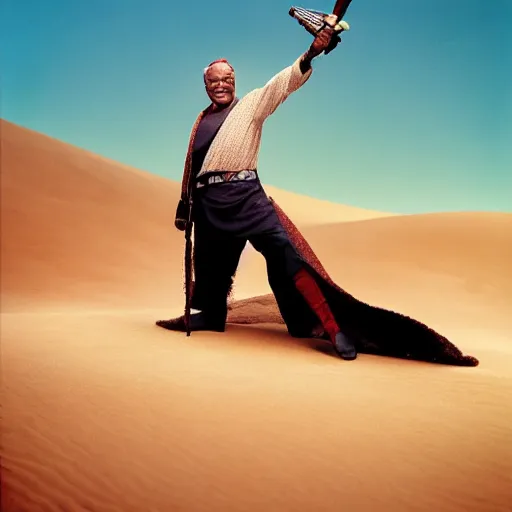 Image similar to photoshoot of comedian red foxx as obi - wan kenobi, tatooine, sunset, dunes, dewbacks, sand people, droids, star wars, photorealistic, atmospheric, photographed in the style of annie leibovitz - h 6 4 0