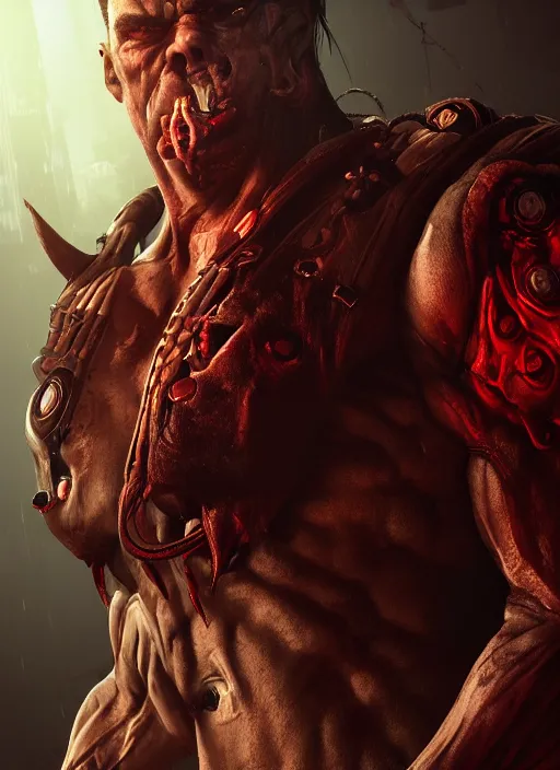 Image similar to cyberpunk portrait of muscular demon from doom 3, au naturel, hyper detailed, digital art, trending in artstation, cinematic lighting, studio quality, smooth render, unreal engine 5 rendered, octane rendered, art style by pixar dreamworks warner bros disney red dead redemption far cry doom cyberpunk 2 0 7 7 riot games and overwatch.