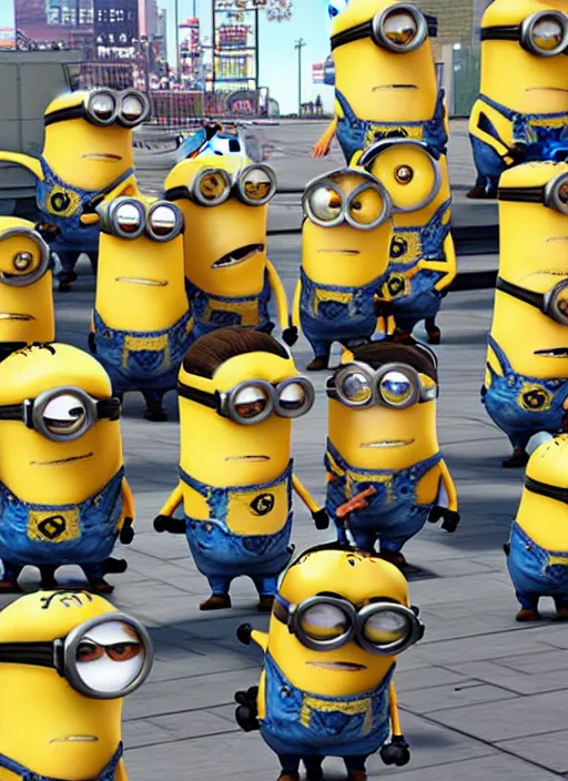 Image similar to grand theft auto 5 cover art of minions from despicable me