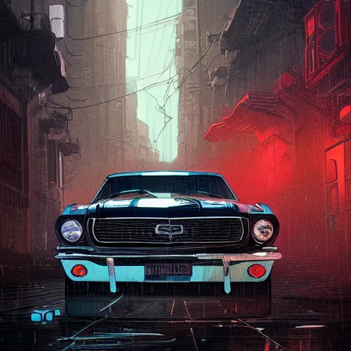 Prompt: a highly detailed matte painting of a neon colored batmobile in a 1 9 6 7 ford mustang fastback, vector art, art by artgerm and greg rutkowski and alphonse mucha, cyberpunk city, rainy city streets, god rays, intricate detail, cinematic, 8 k, cel shaded, unreal engine, featured on artstation, pixiv