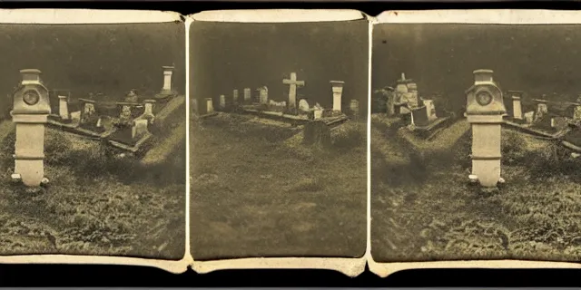 Image similar to an 1 8 0 0 s stereograph depicting a graveyard in stereoscopic 3 d. a faintly visible ghost is lurking.