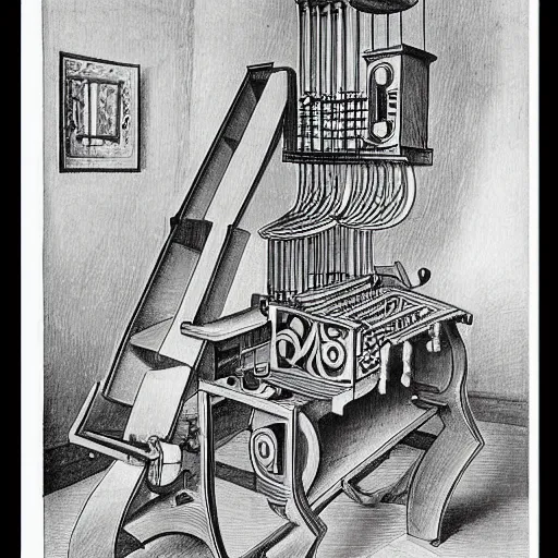 Prompt: rube goldberg music machine designed by escher drawn by da vinci, detailed pen and ink illustration