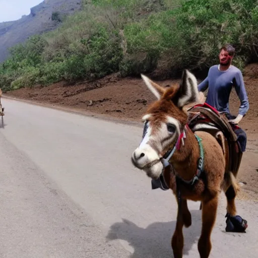 Image similar to man riding a donkey in lava chased by pretty woman