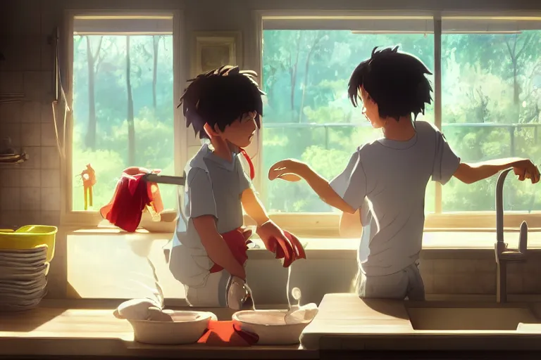 Prompt: a wholesome animation key shot of a boy and his sister washing dishes, medium shot, waist up, studio ghibli, pixar and disney animation, sharp, rendered in unreal engine 5, anime key art by greg rutkowski, bloom, dramatic lighting