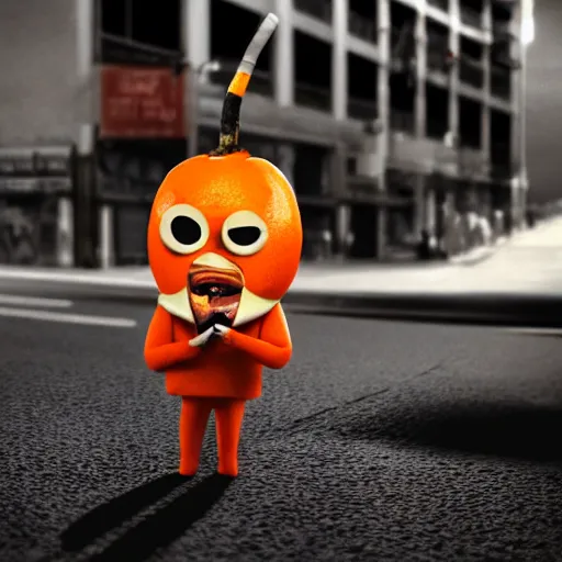 Prompt: cinematic shot of the annoying orange holding a cigarette in his mouth on a city street, very detailed, very intricate,