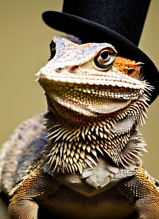 Image similar to dslr portrait still of a bearded dragon wearing a tophat, 8 k 8 5 mm f 1. 4