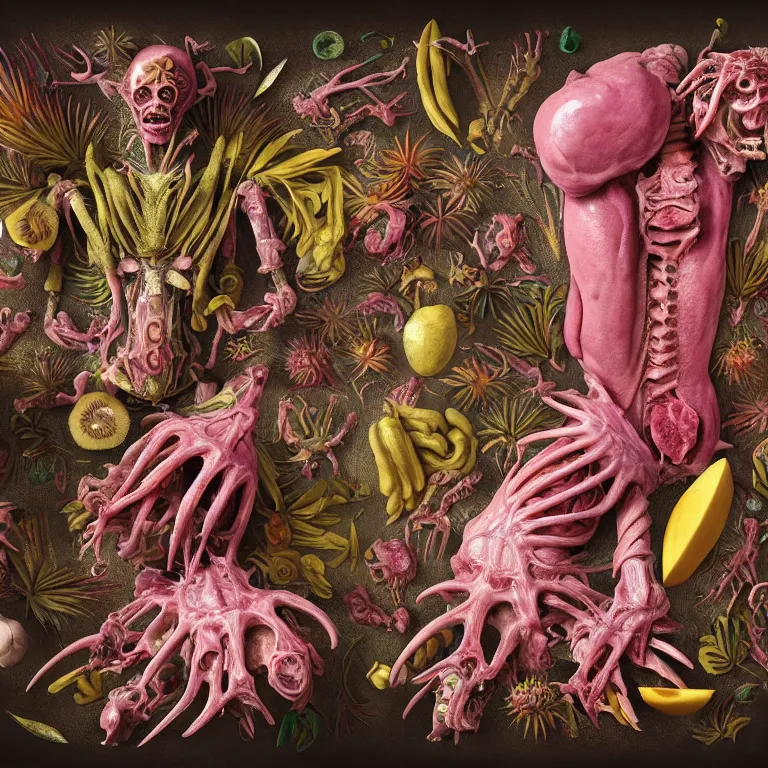 Prompt: symmetrical still life of beautiful pastel tropical alien flowers, exoskeleton, biomechanical cyborg human body parts, tropical fruit, human spine, rotten meat flesh with colorful mold, muscle tissue, spikes, baroque painting, beautiful detailed intricate insanely detailed octane render, 8K artistic photography, photorealistic, chiaroscuro, Raphael, Caravaggio