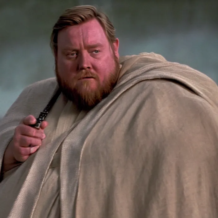 Image similar to obi wan kenobi but obese!! and overweight, photoralistic rendering, movie still, screenshot, hyperdetailed