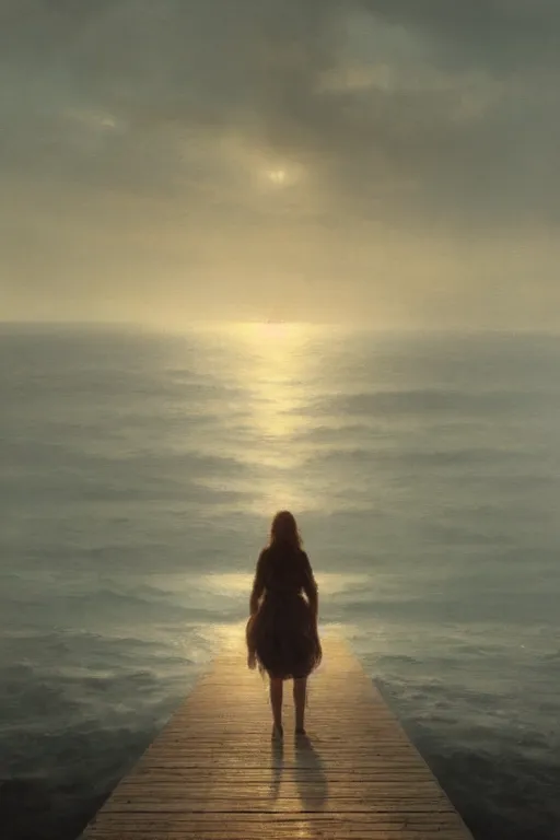 Image similar to painting of a woman standing at the end of a pier, she is visible from behind and from distance, the sea surrounding the pier is calm, soft evening light, volumetric lighting, style of greg rutkowski