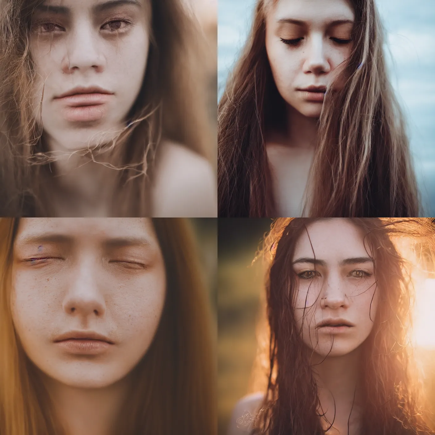 Prompt: face close up portrait photography of a beautiful woman with long hair by jean james and marco mazzoni. color photography. detailed. golden hour. canon eos r 3, f / 1. 4, iso 2 0 0, 1 / 1 6 0 s, 8 k, raw, unedited, symmetrical balance, in - frame.