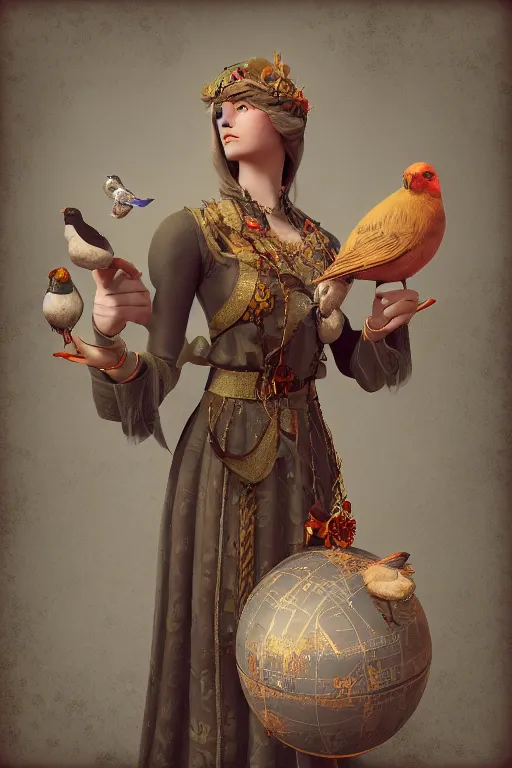 Prompt: zoom in 3 d render of english princess holding birds, ornaments, church, altar, dieselpunk, solarpunk, artstation, andrei riabovitchev